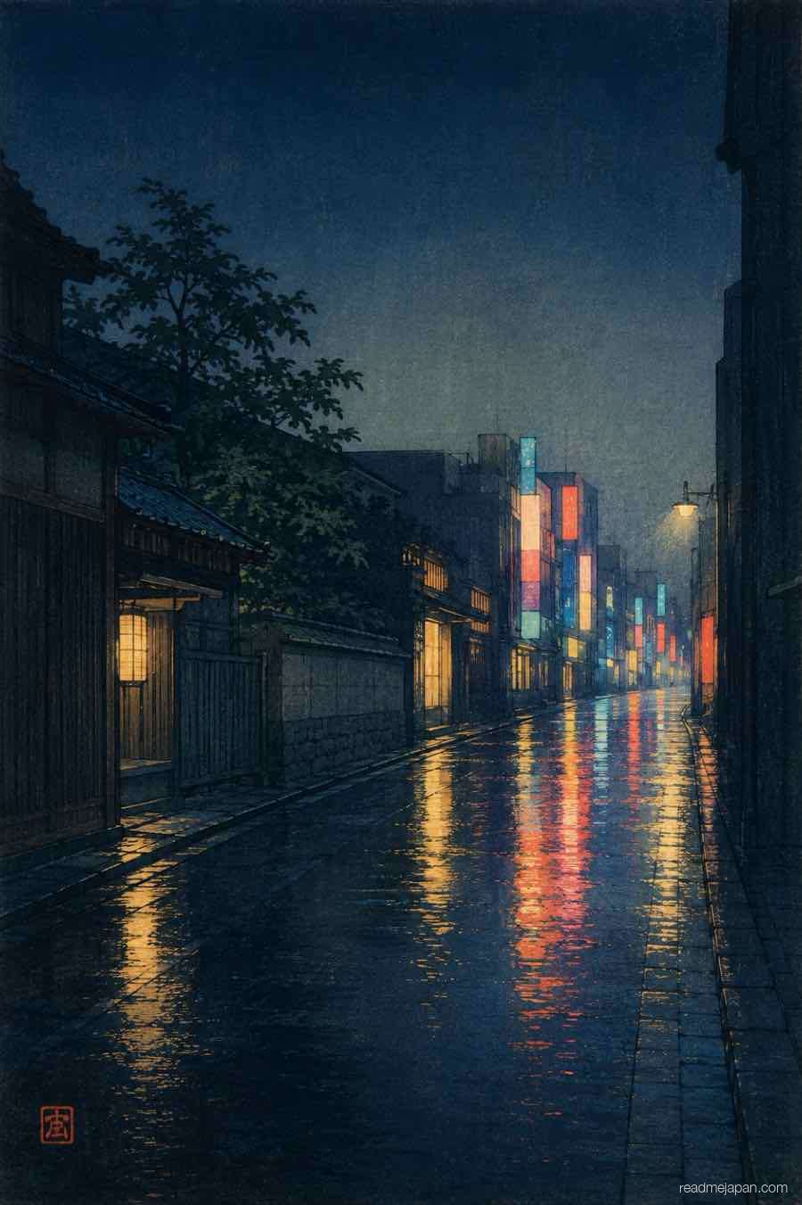 Neon signs reflected on a wet night street, woodblock print