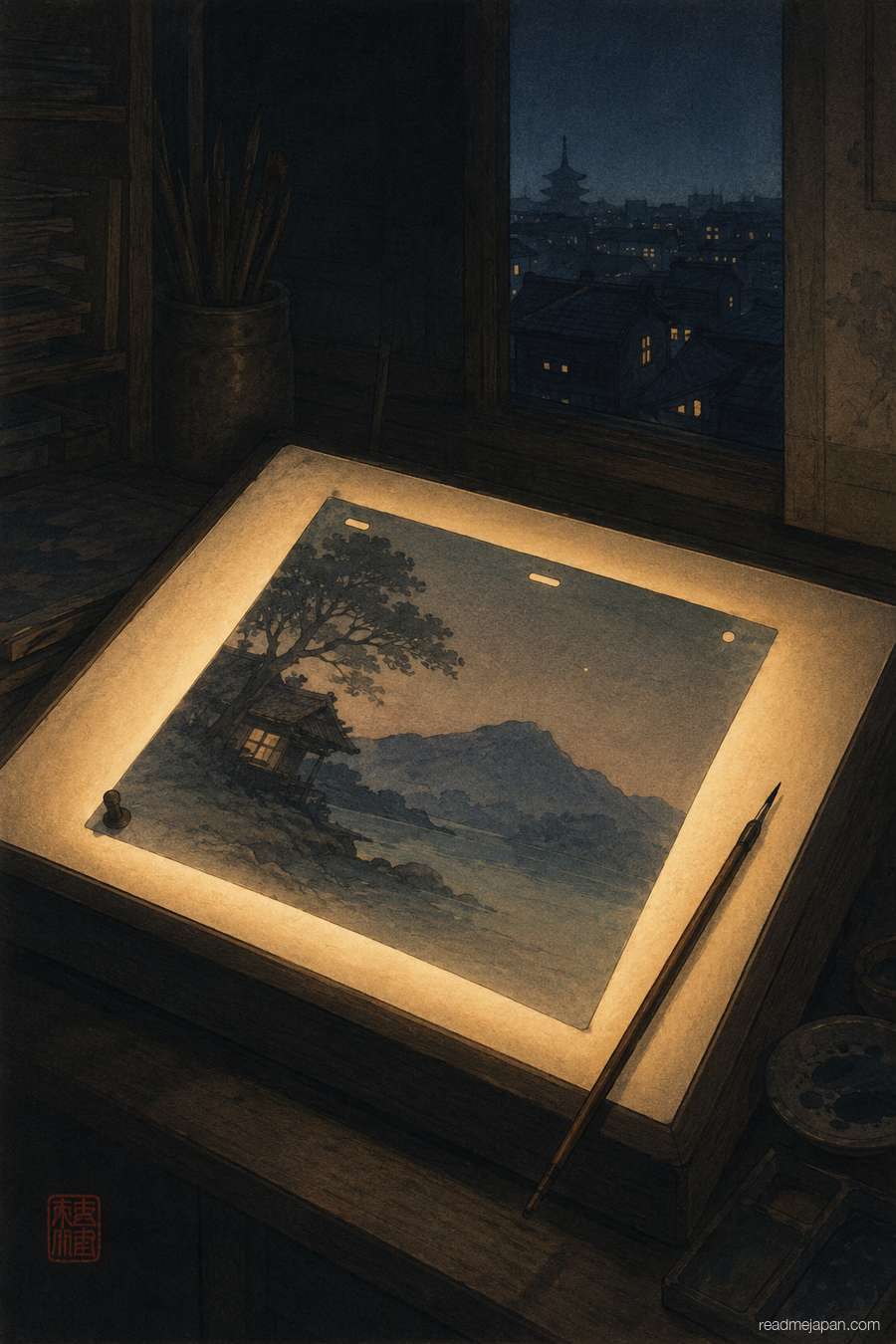 A painted animation cel glowing on a lightbox at night, woodblock print