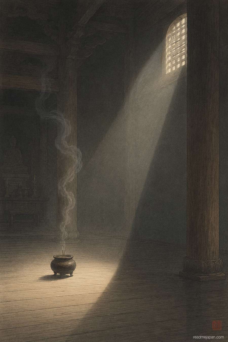 Incense smoke rising in a beam of light inside a temple hall, woodblock print