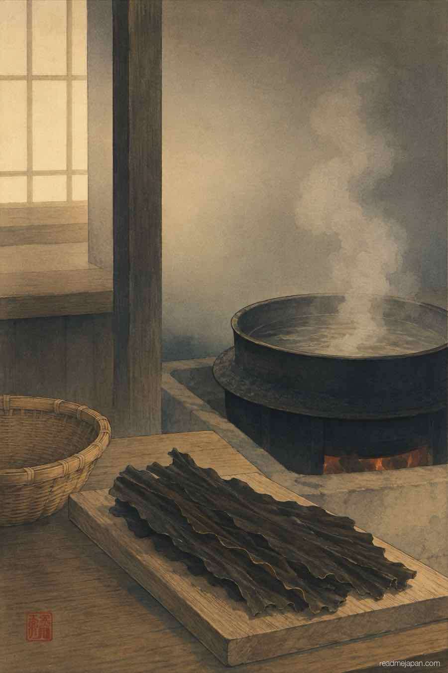 Steam over a simmering pot beside dried kelp, woodblock print