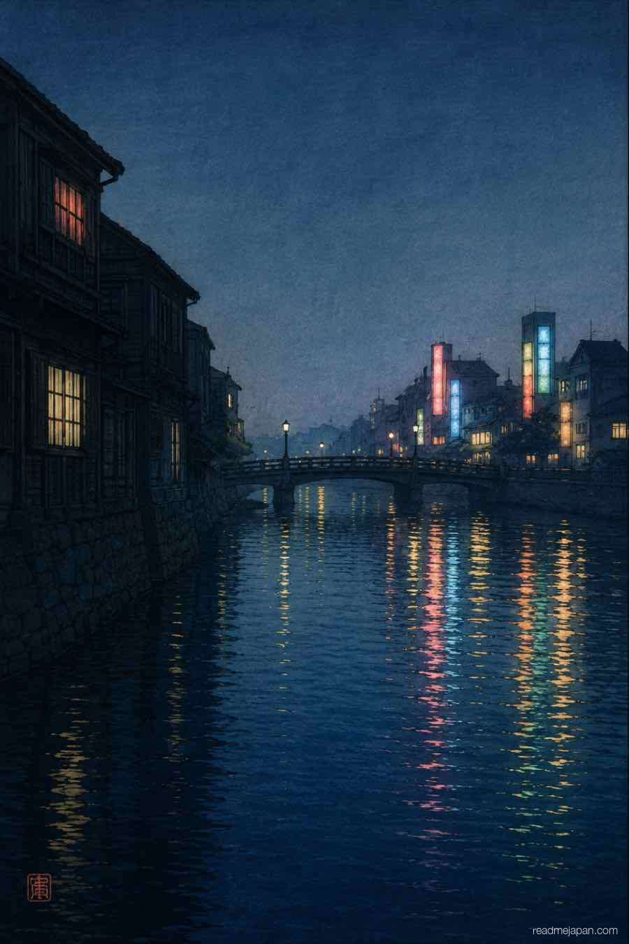 Neon reflections rippling across a night canal, woodblock print