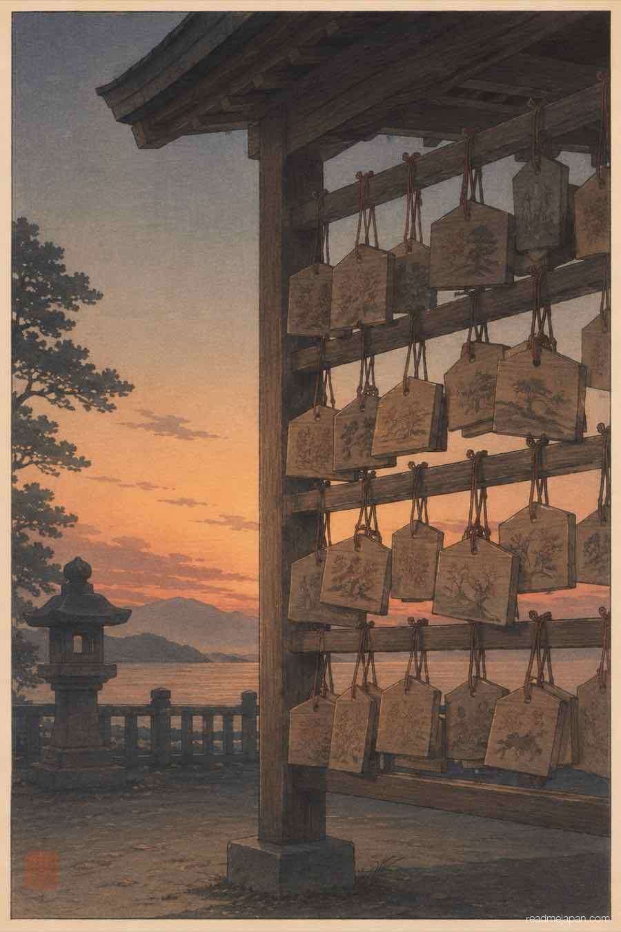 Wooden wish-plaques hanging at a shrine at dusk, woodblock print