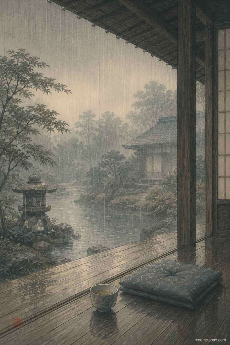 A veranda cushion and tea cup facing a rainy garden, woodblock print