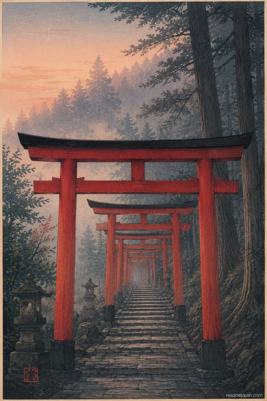 A tunnel of vermilion torii gates up a misty slope at dawn, woodblock print