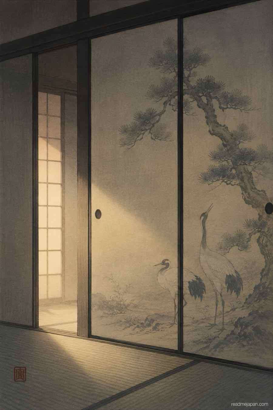 Painted sliding doors glowing with light from beyond, woodblock print