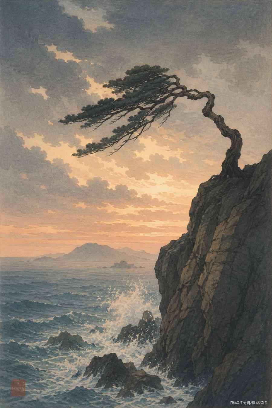 A wind-bent pine clinging to a sea cliff at dawn, woodblock print