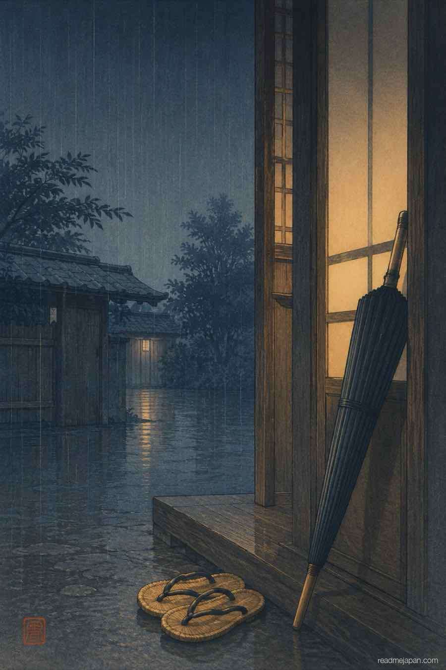 Sandals and an umbrella by a rainy doorway, woodblock print