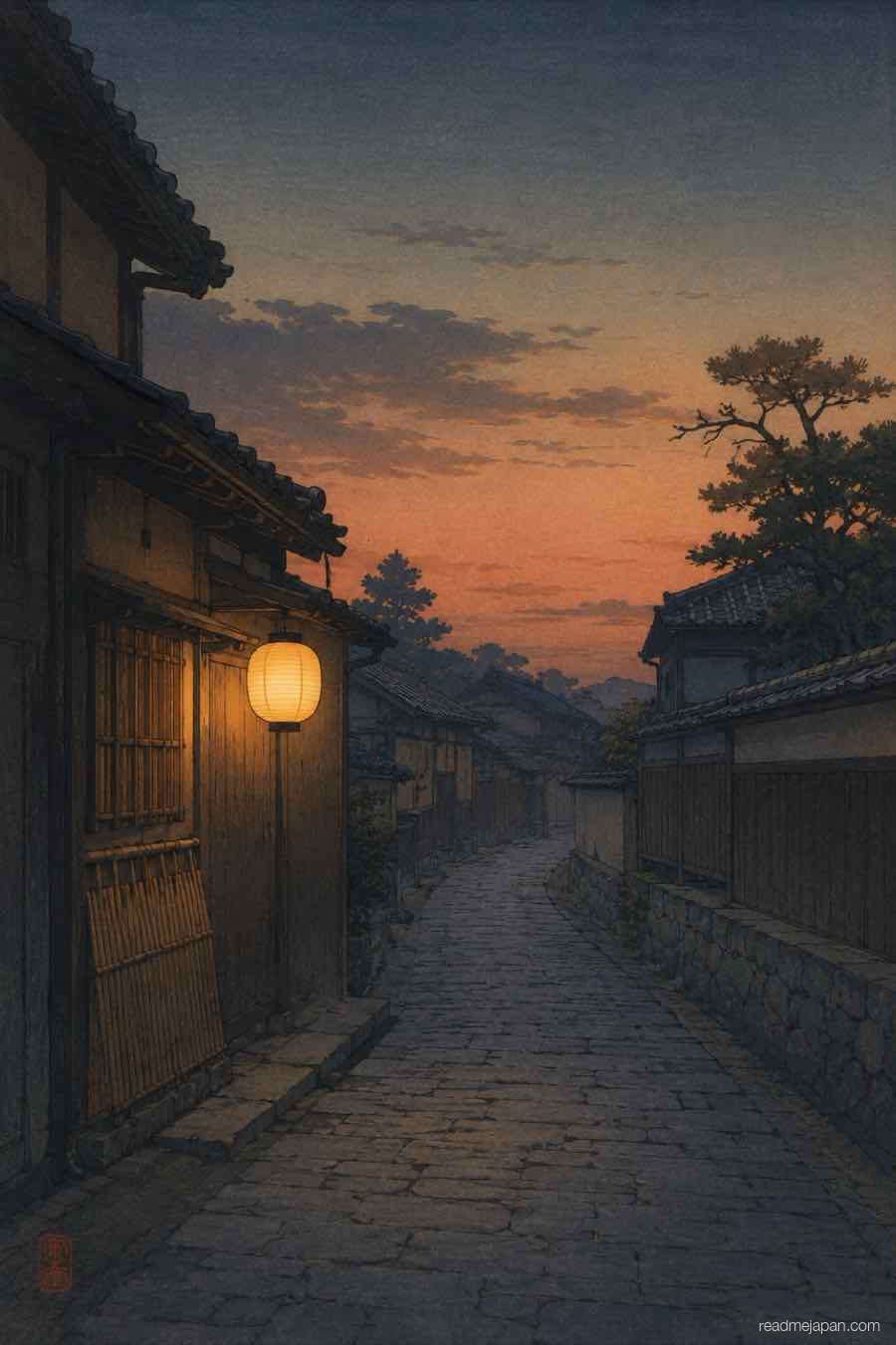 A narrow lane of wooden teahouses at dusk, woodblock print