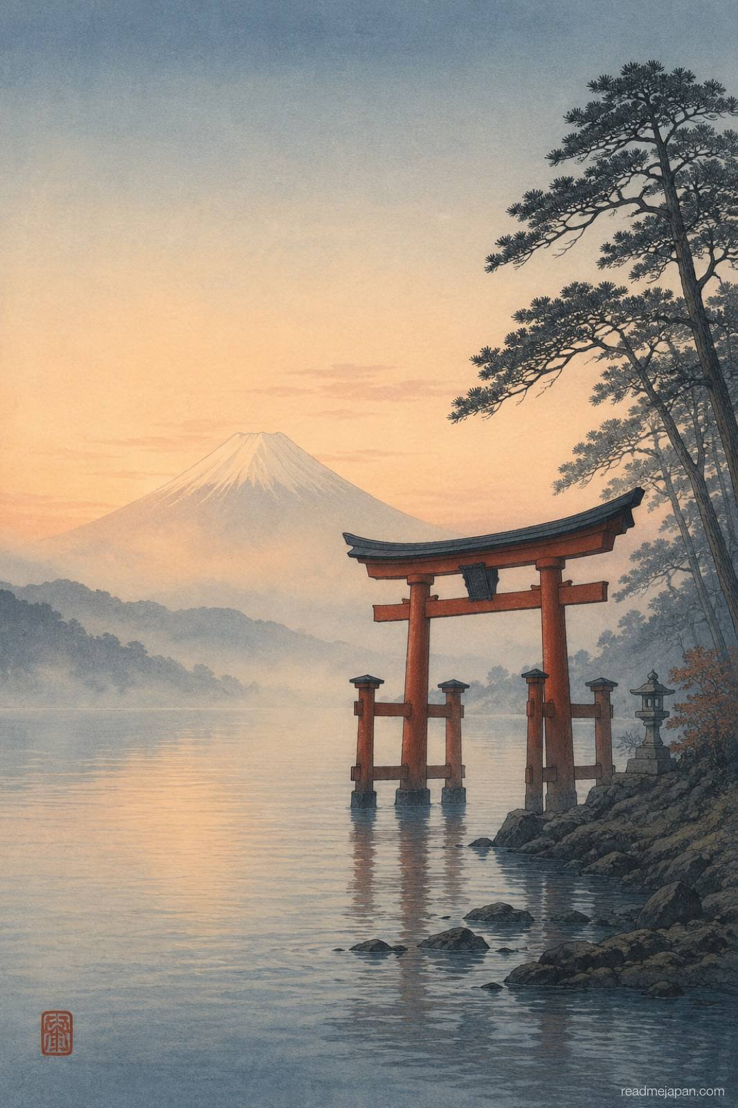 A lakeside torii with distant Fuji at dawn, woodblock print