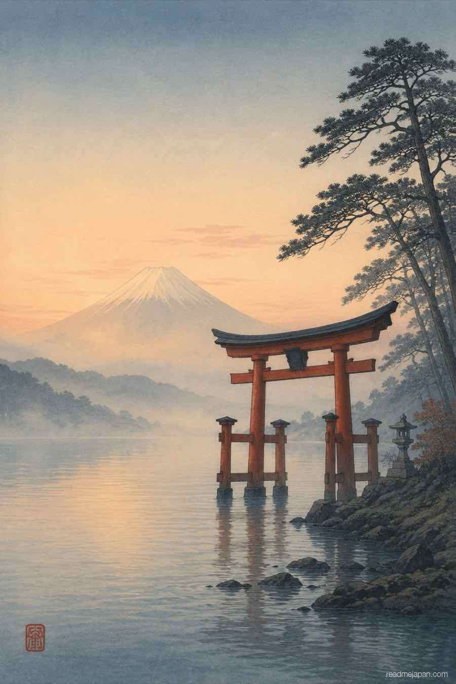 A lakeside torii with distant Fuji at dawn, woodblock print