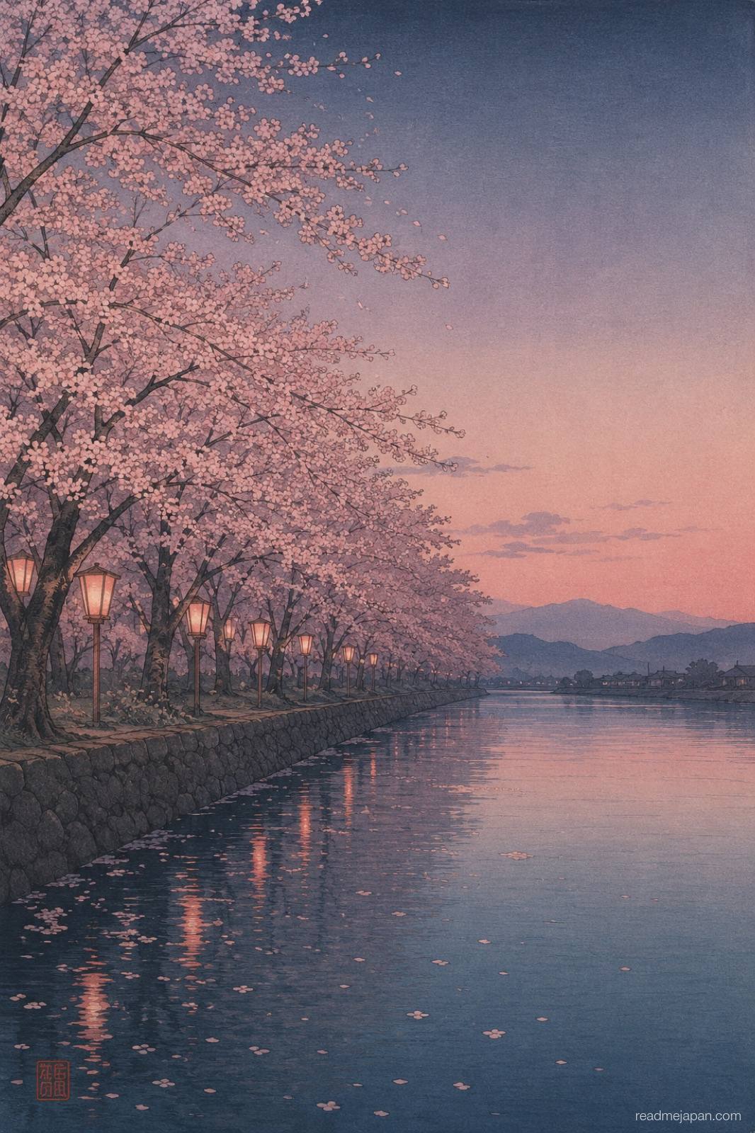 Cherry trees along a riverbank at dusk, woodblock print