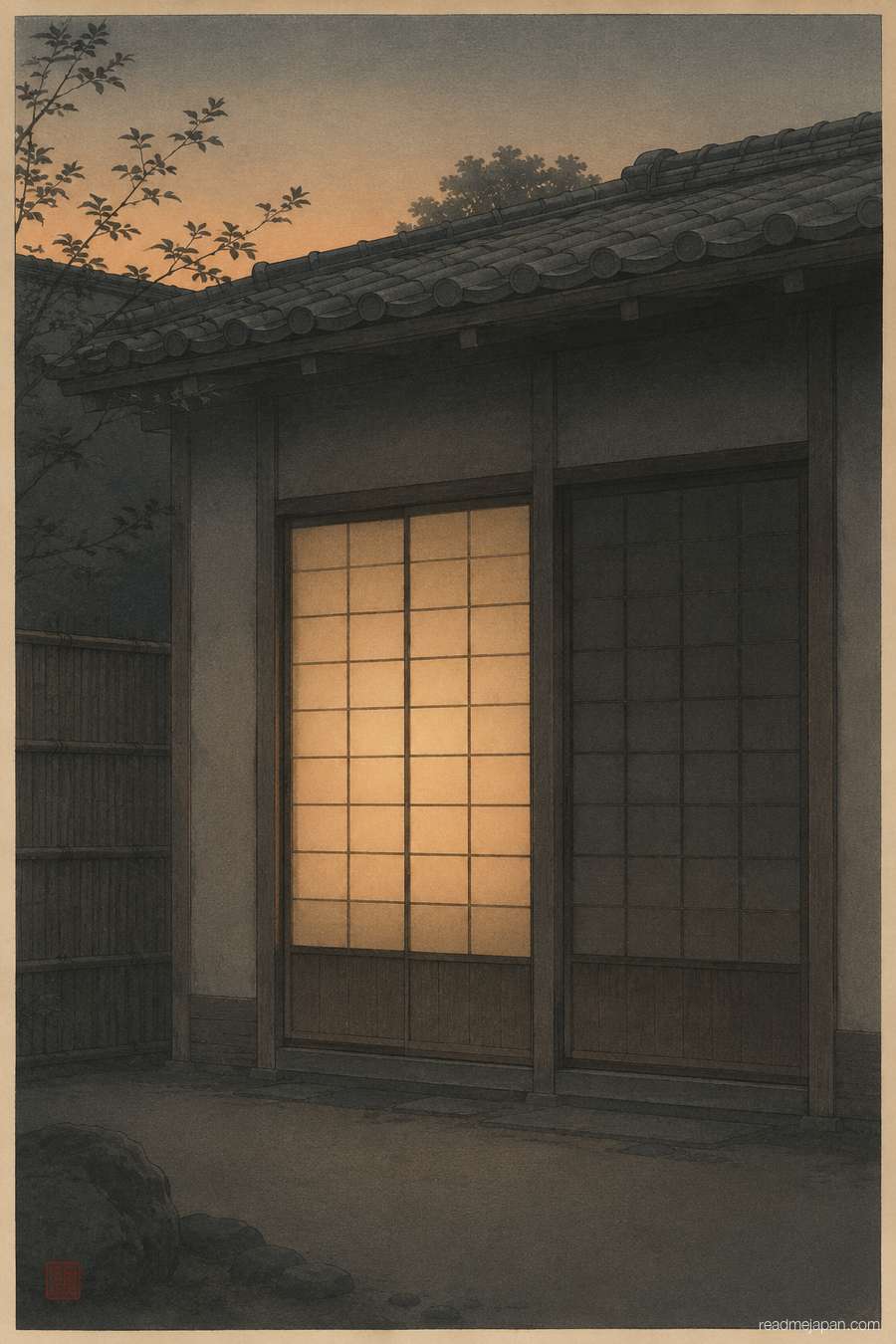 Two paper screen doors at dusk, one lit and one dark, woodblock print