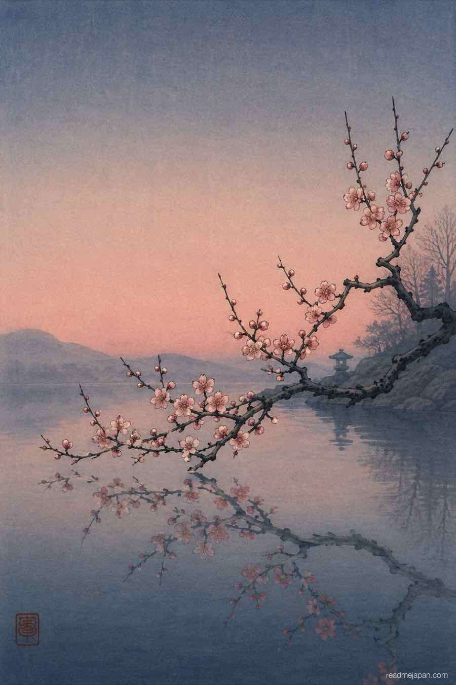 A plum branch over still water at spring dusk, woodblock print