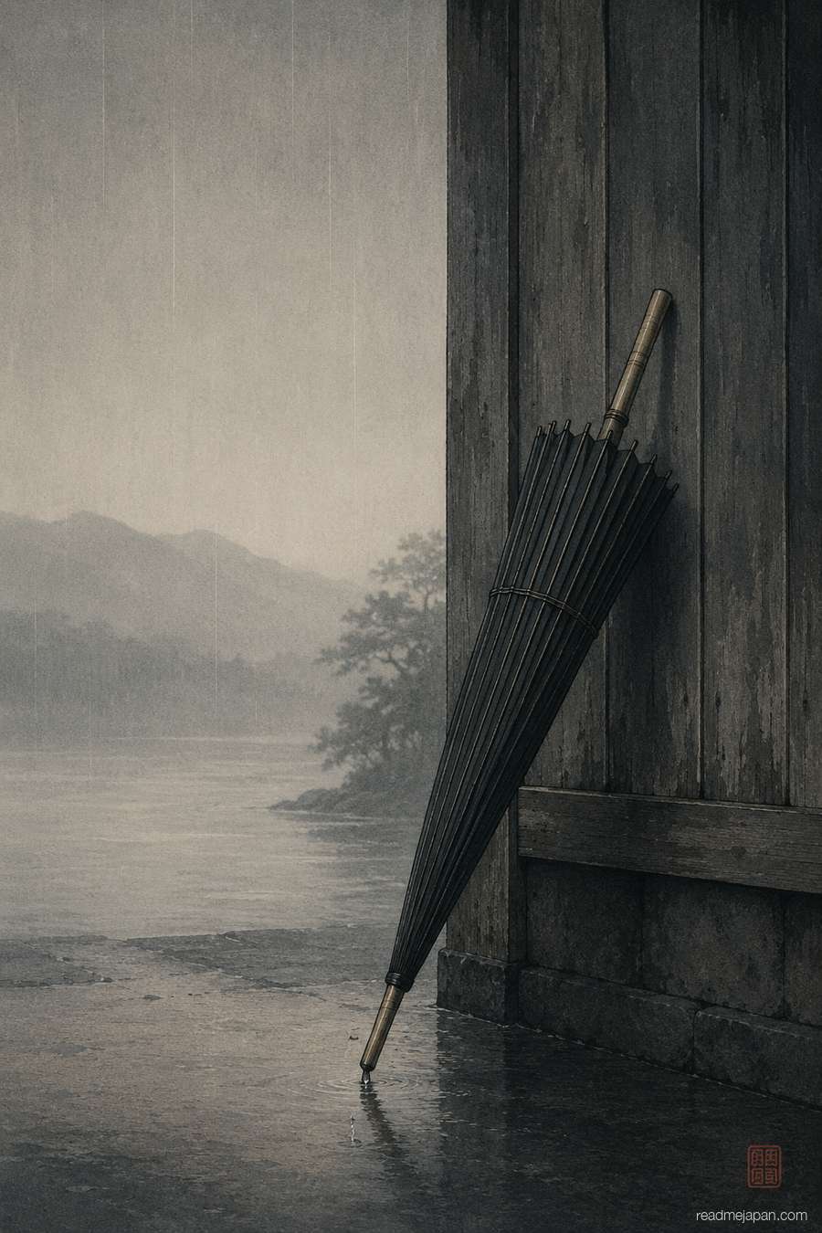 A plain dark umbrella against a wall in light rain, woodblock print