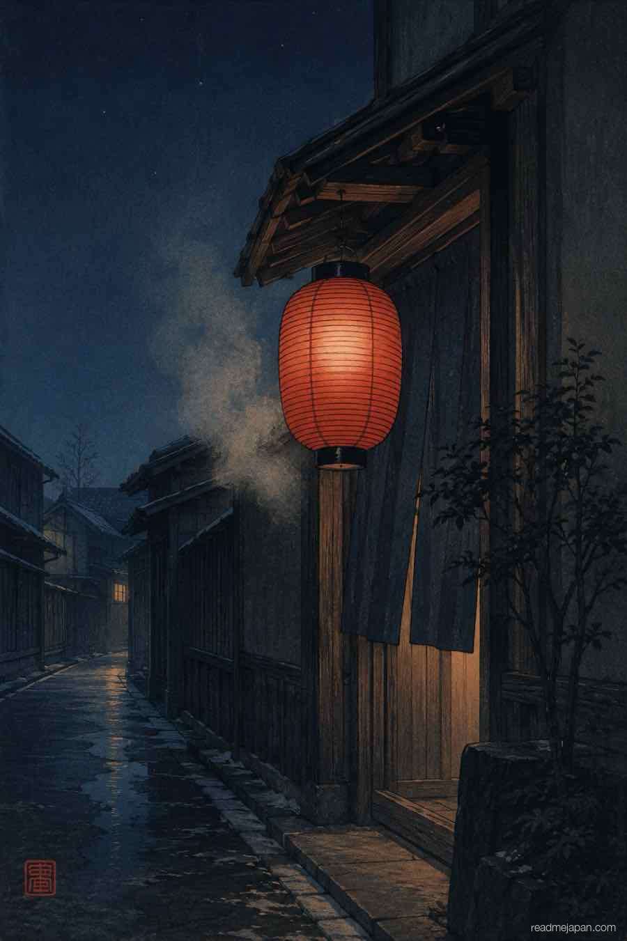 A red lantern glowing over a narrow alley at night, woodblock print