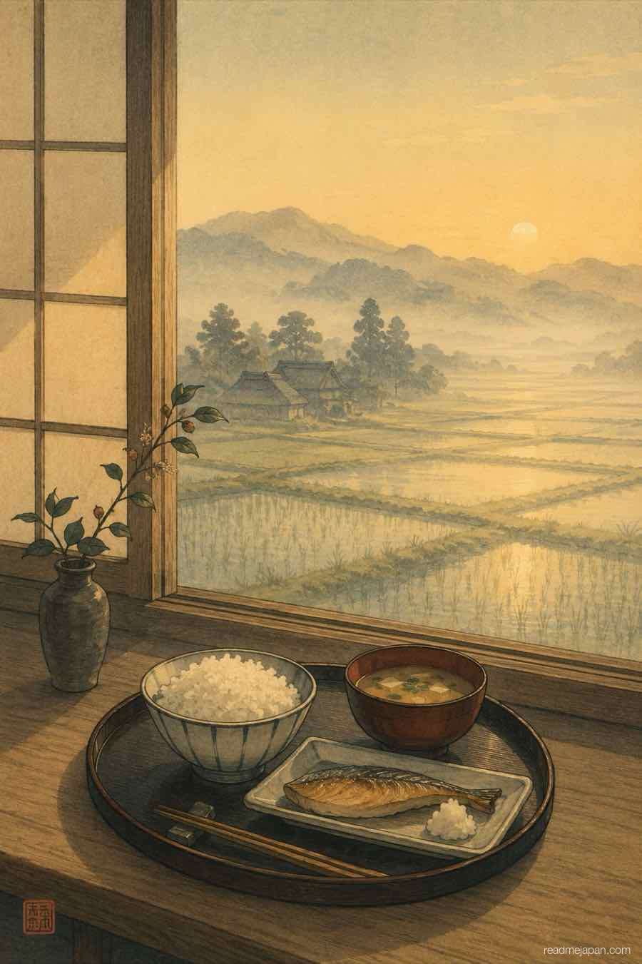 A breakfast tray beside a window over misty rice fields, woodblock print