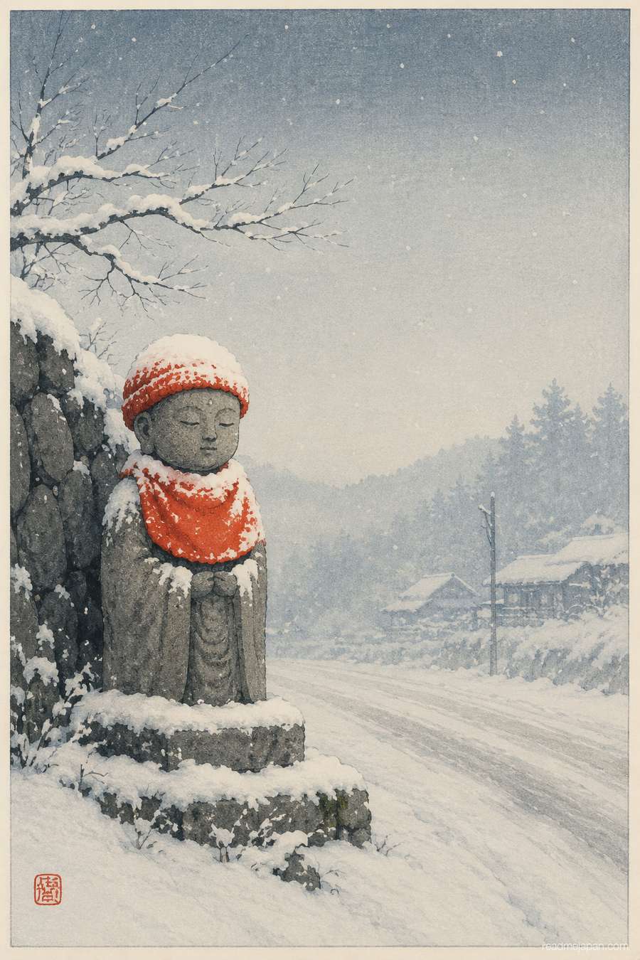 A small stone Jizō statue in a red cap under fresh snow, woodblock print