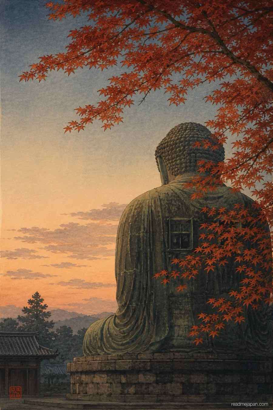 A great Buddha statue under autumn maples at dusk, woodblock print