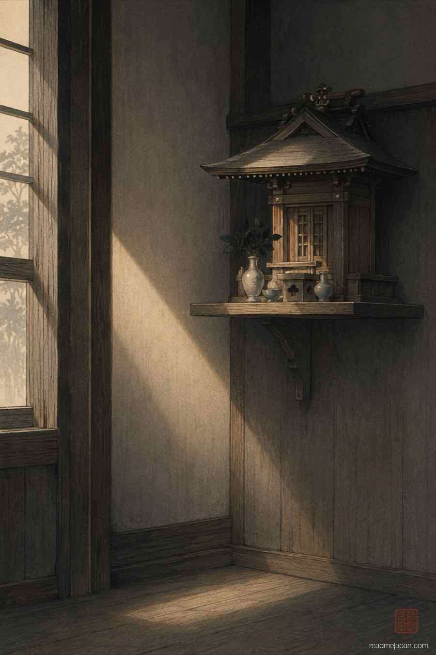 A small shelf shrine lit by a beam of morning light, woodblock print