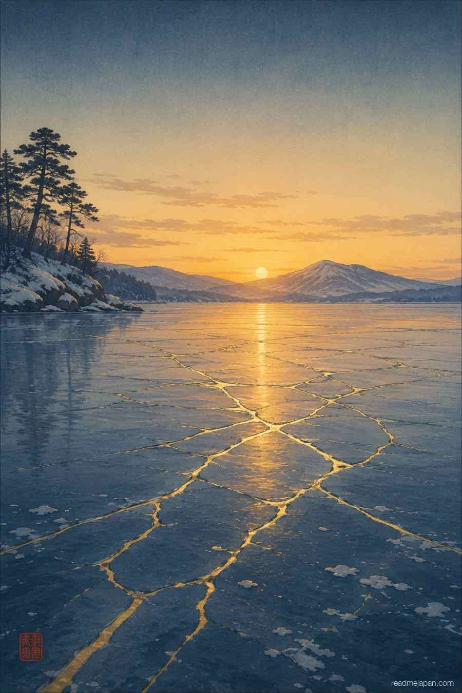Golden sunset light through cracked lake ice, woodblock print