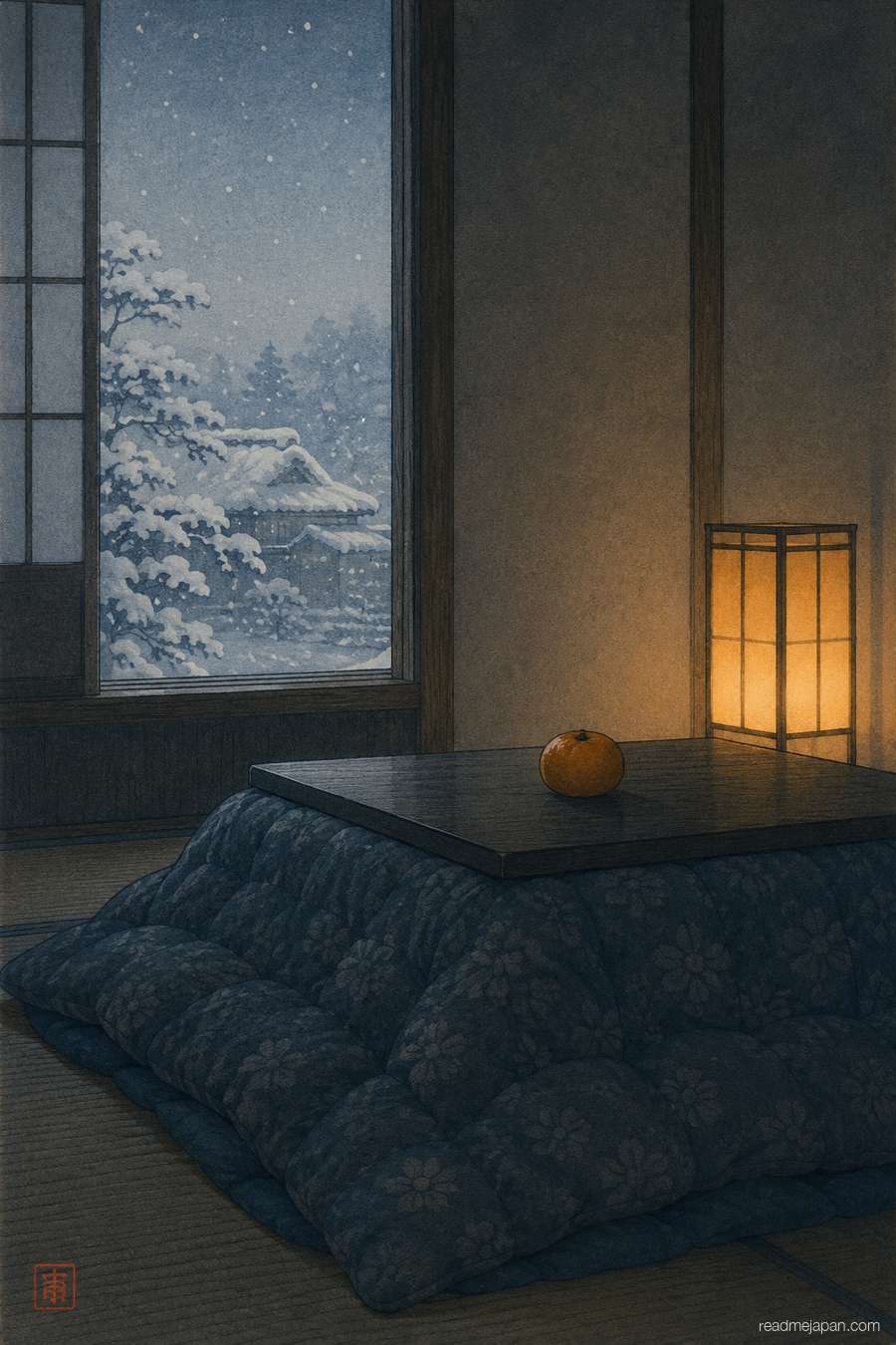 A blanketed table with a mandarin orange, snow at the window, woodblock print