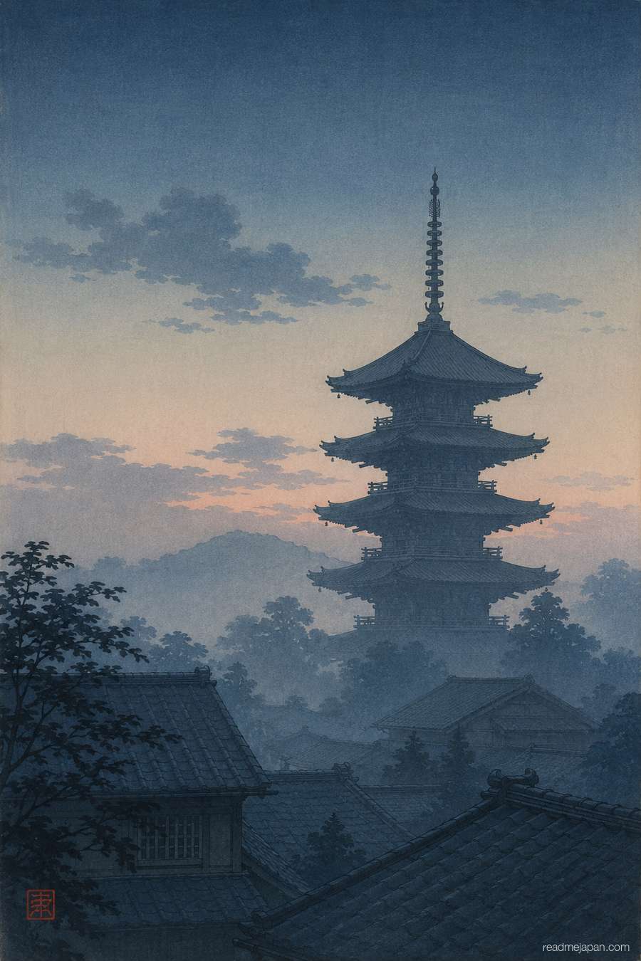 A five-story pagoda above misty rooftops at dusk, woodblock print