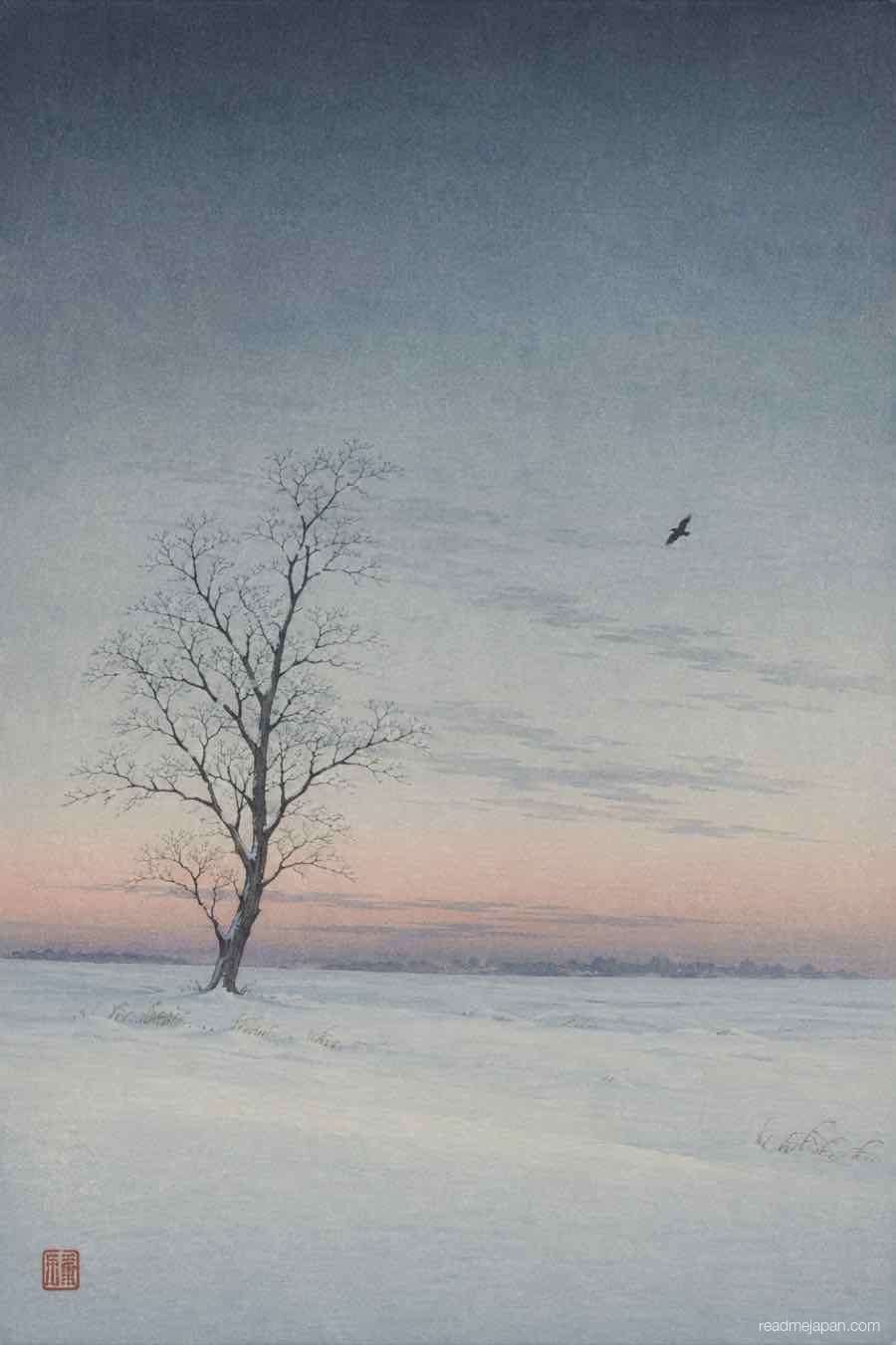 A single bare tree in an empty snowfield at dusk, woodblock print