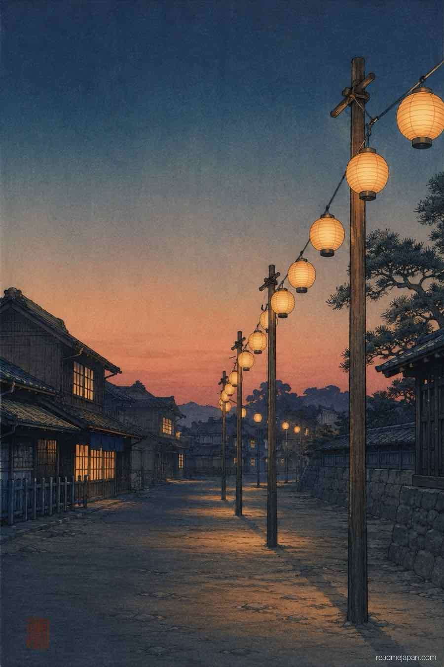 Paper lanterns glowing over an empty festival street at dusk, woodblock print