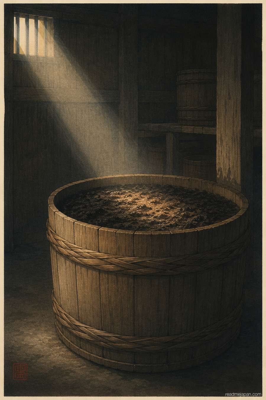 A wooden barrel of fermenting paste lit by a shaft of light, woodblock print