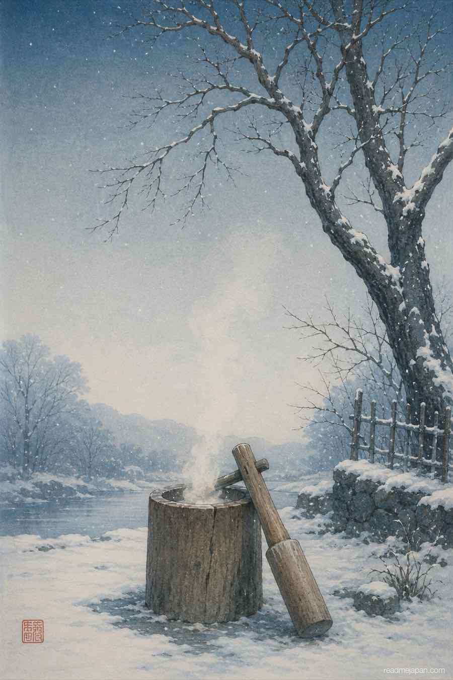 Steam over a wooden mortar and pestle in falling snow, woodblock print