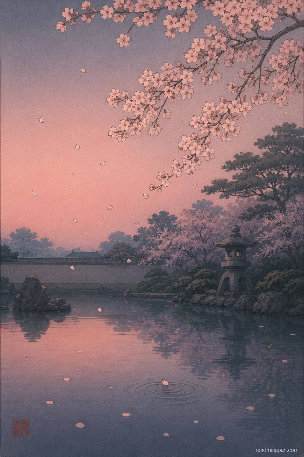 Cherry blossom petals landing on a still pond at dusk, woodblock print