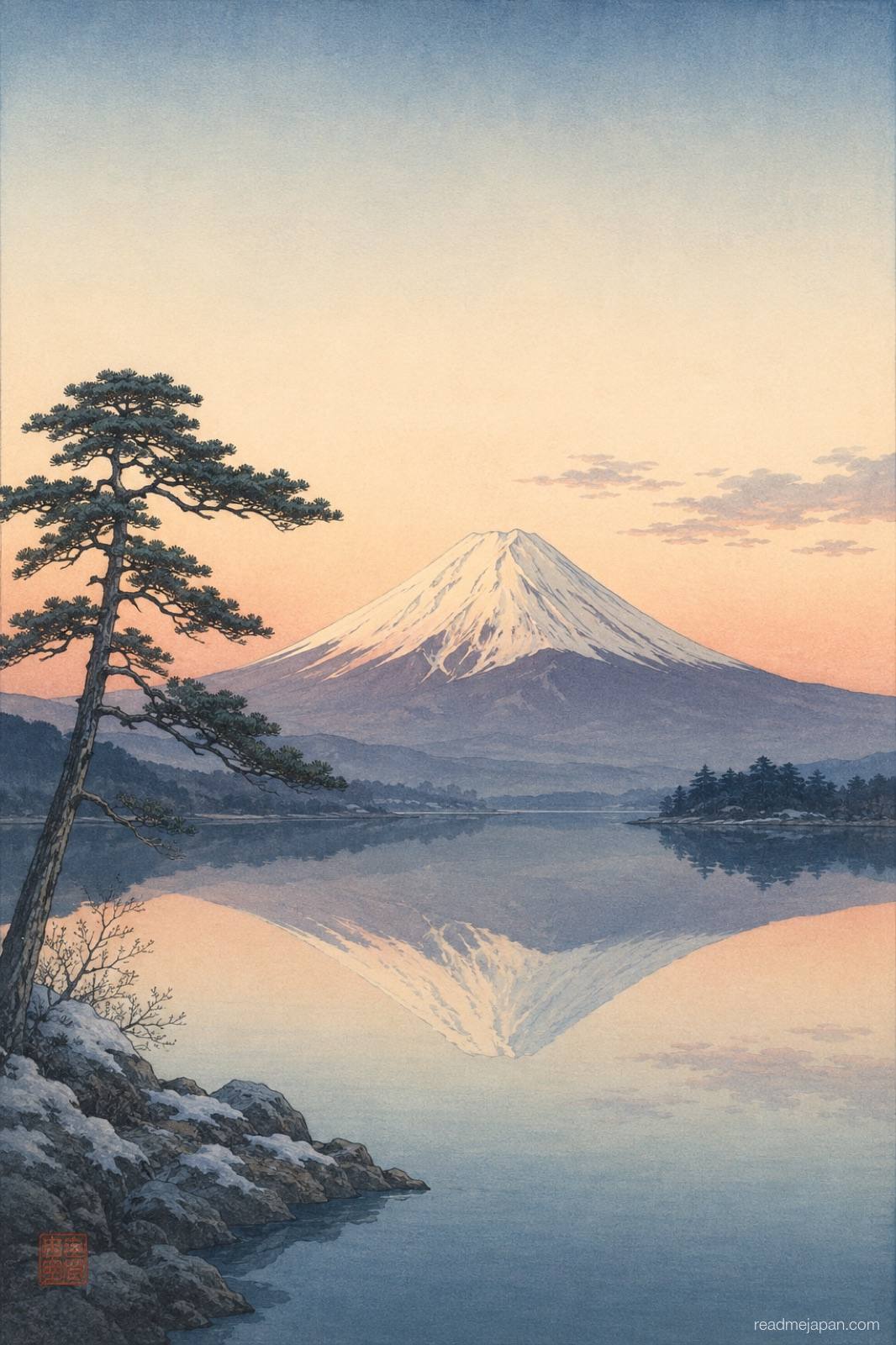Mount Fuji reflected in a still lake at dawn, woodblock print