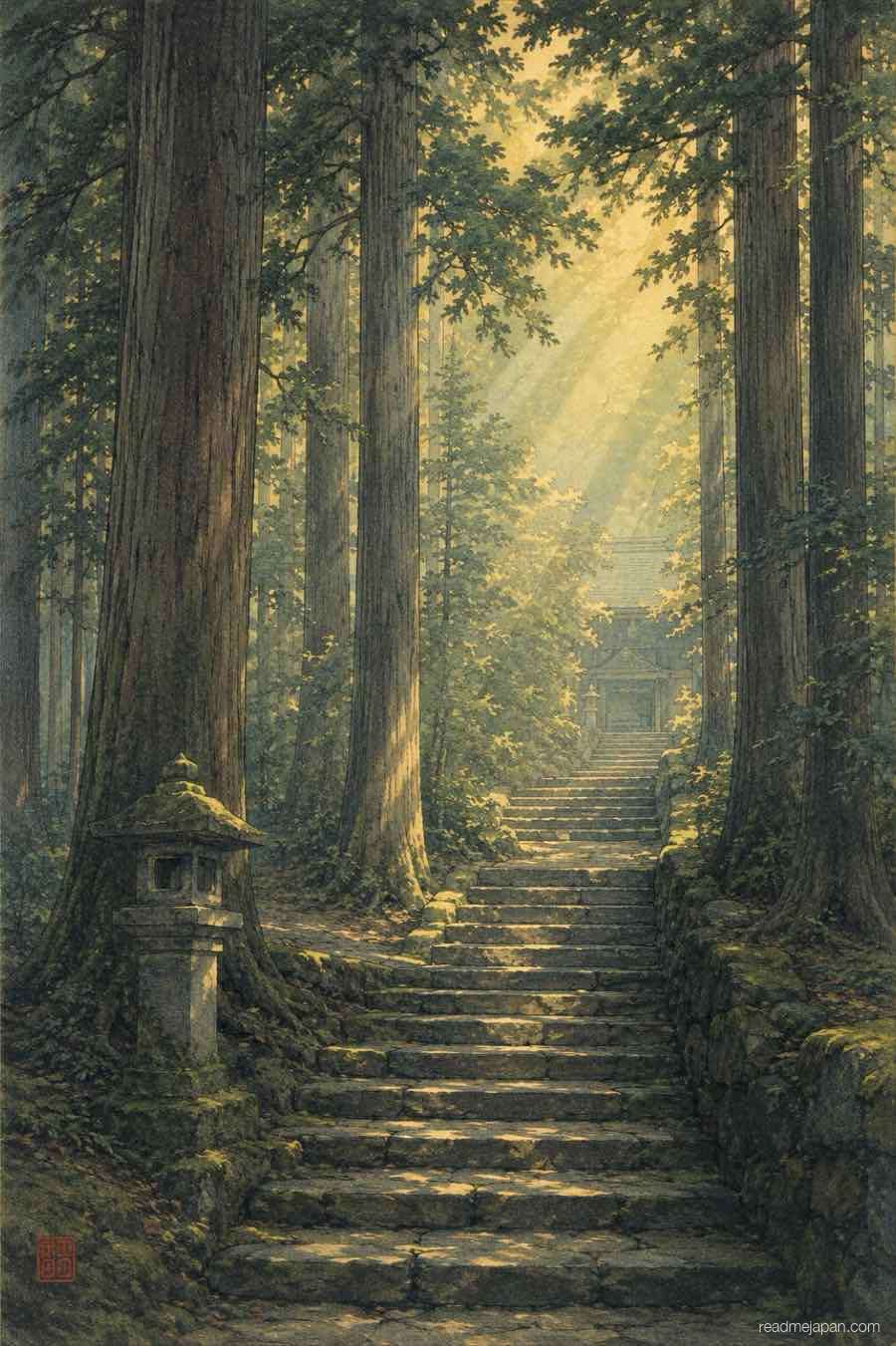 Sunlight through cedars onto a mossy shrine stairway, woodblock print