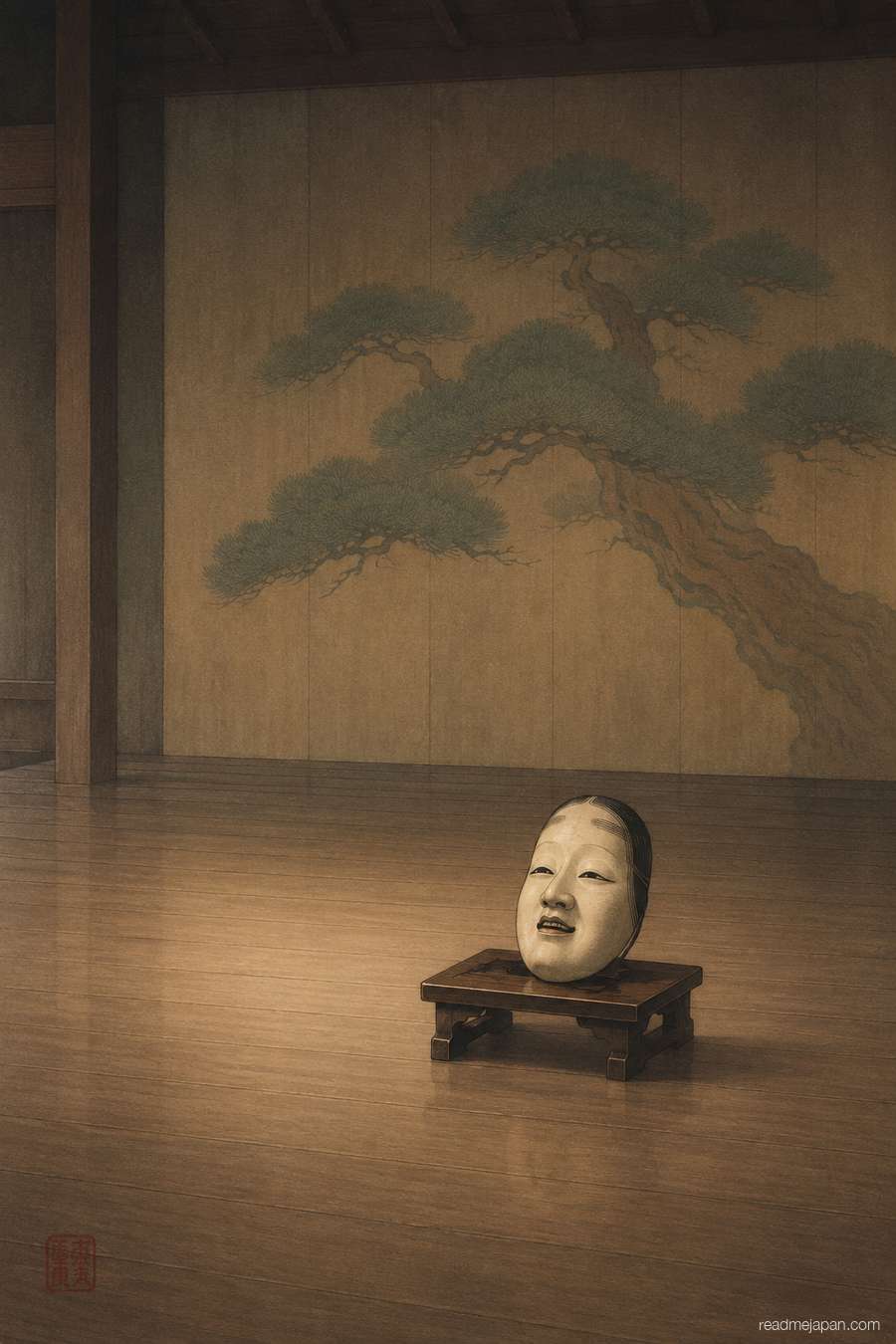 A carved noh mask on a stand before a painted pine, woodblock print