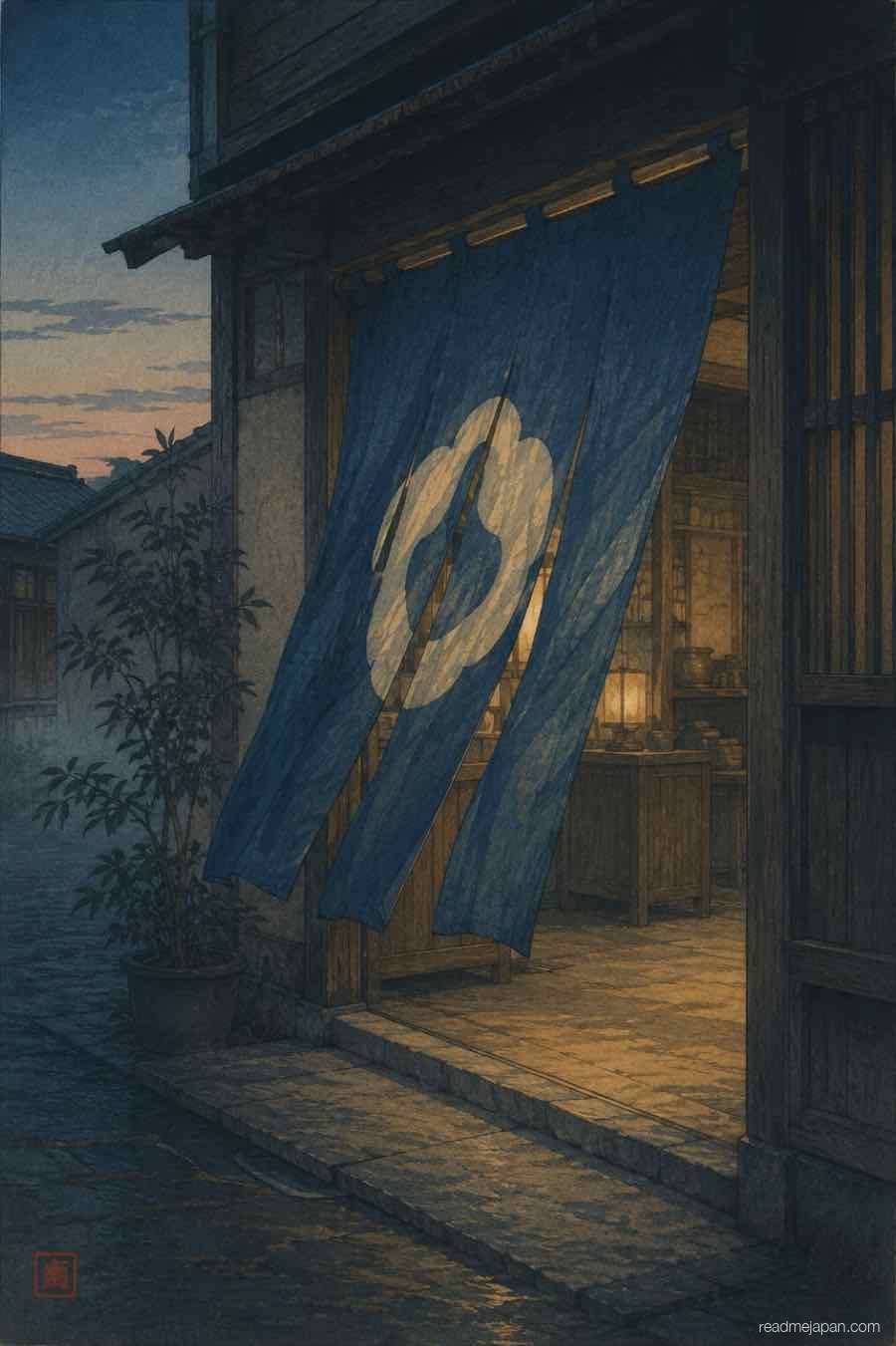 An indigo doorway curtain rippling at dusk, woodblock print