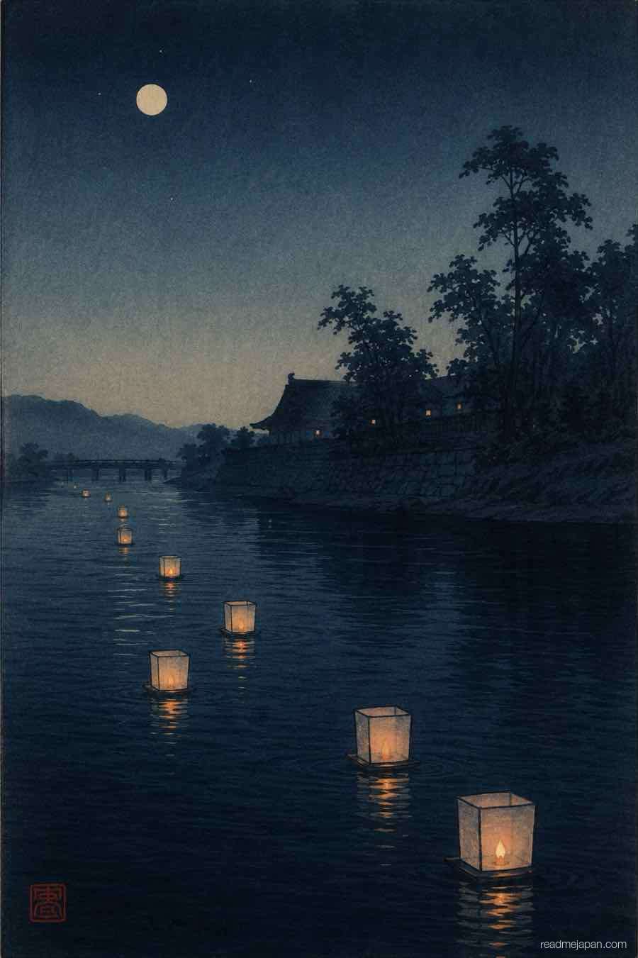 Floating paper lanterns drifting down a dark river at night, woodblock print