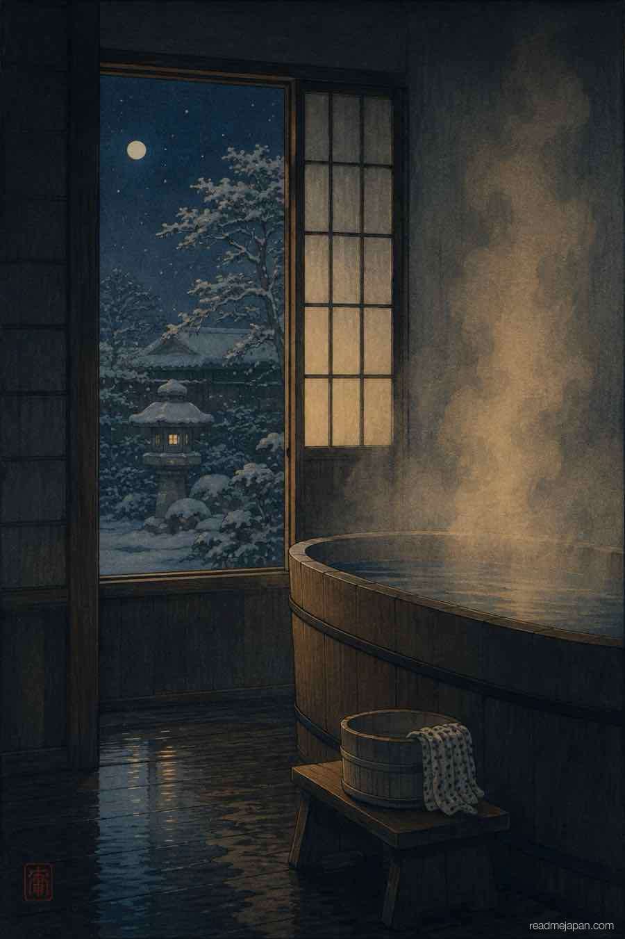 Steam rising from a wooden bathtub beside a snowy window, woodblock print