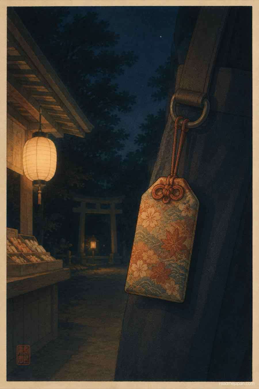 A small charm lit by lantern glow at a night shrine, woodblock print