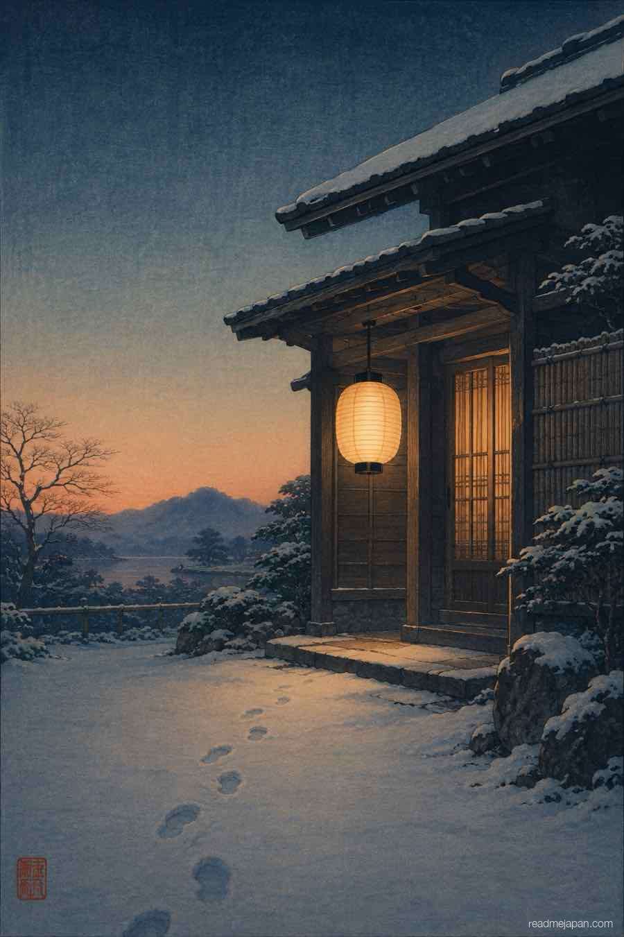A glowing lantern at a snow-dusted inn doorway at dusk, woodblock print
