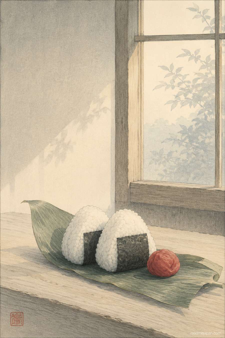 Rice balls on a bamboo leaf beside a pickled plum, woodblock print