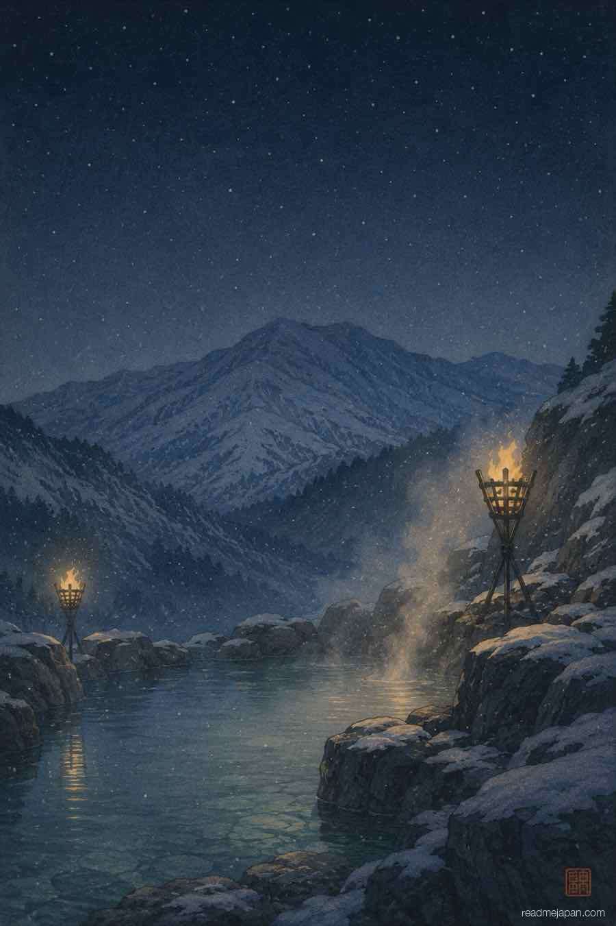 Steam rising from a snowy outdoor hot spring at night, woodblock print