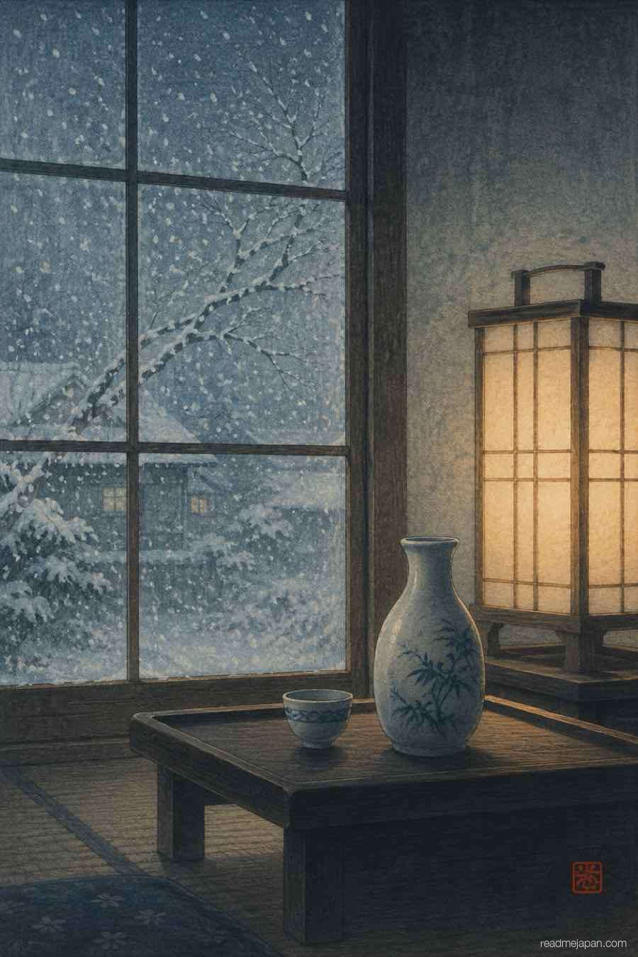 A sake flask by a frosted window with falling snow, woodblock print
