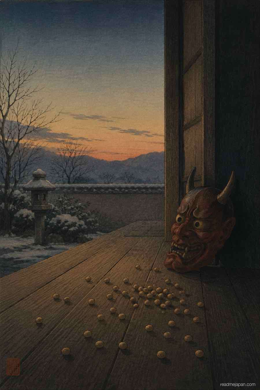 Scattered beans and an oni mask on a winter veranda, woodblock print