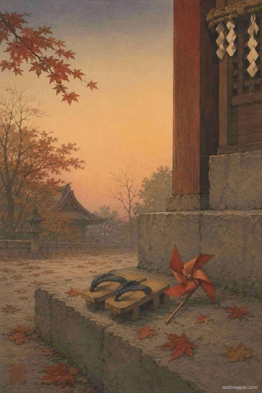 Small geta sandals and a pinwheel on a shrine step in autumn, woodblock print