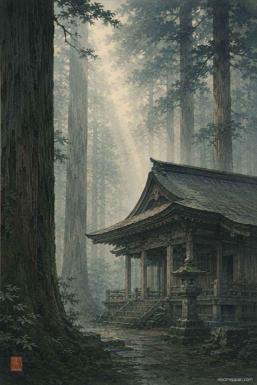 A weathered shrine deep in a misty cedar forest, woodblock print