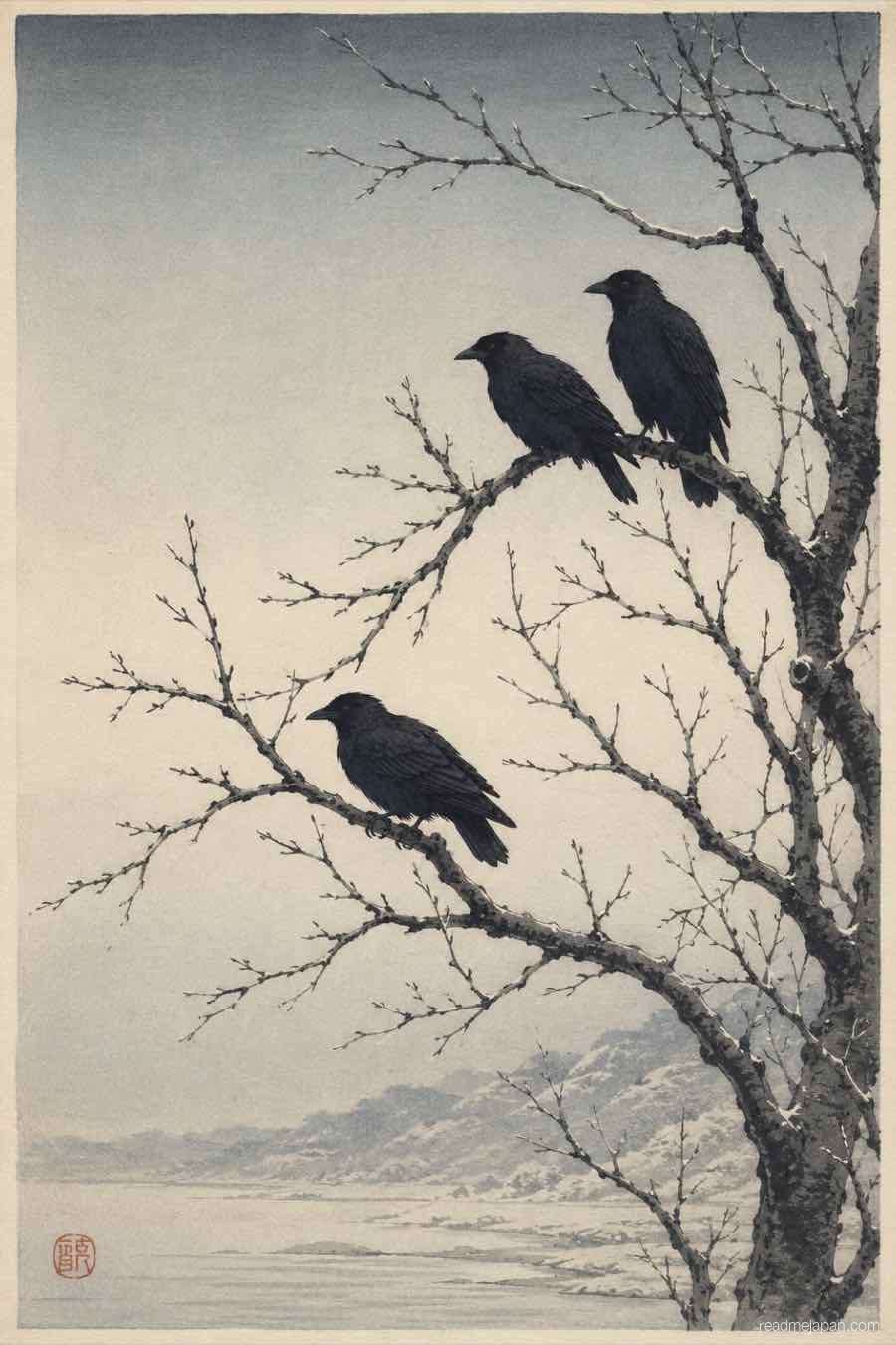 Crows on a bare branch against a pale winter sky, woodblock print