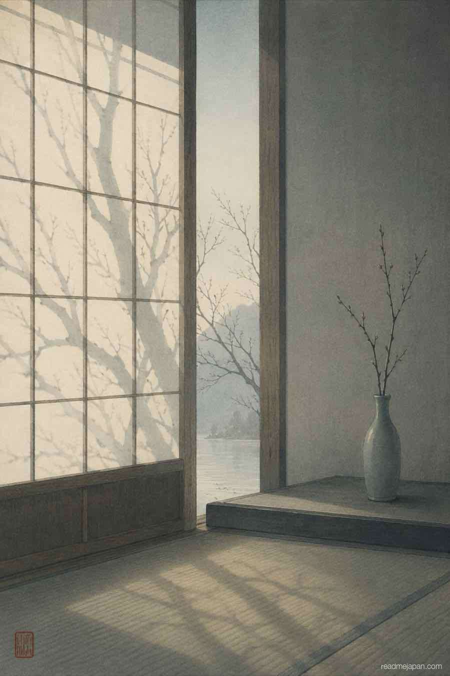 Branch shadows on a paper screen window, woodblock print