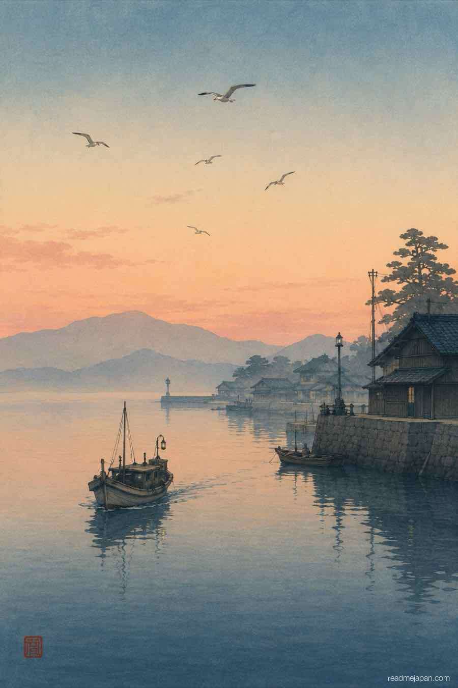 A fishing boat returning to a quiet harbor at dawn, woodblock print