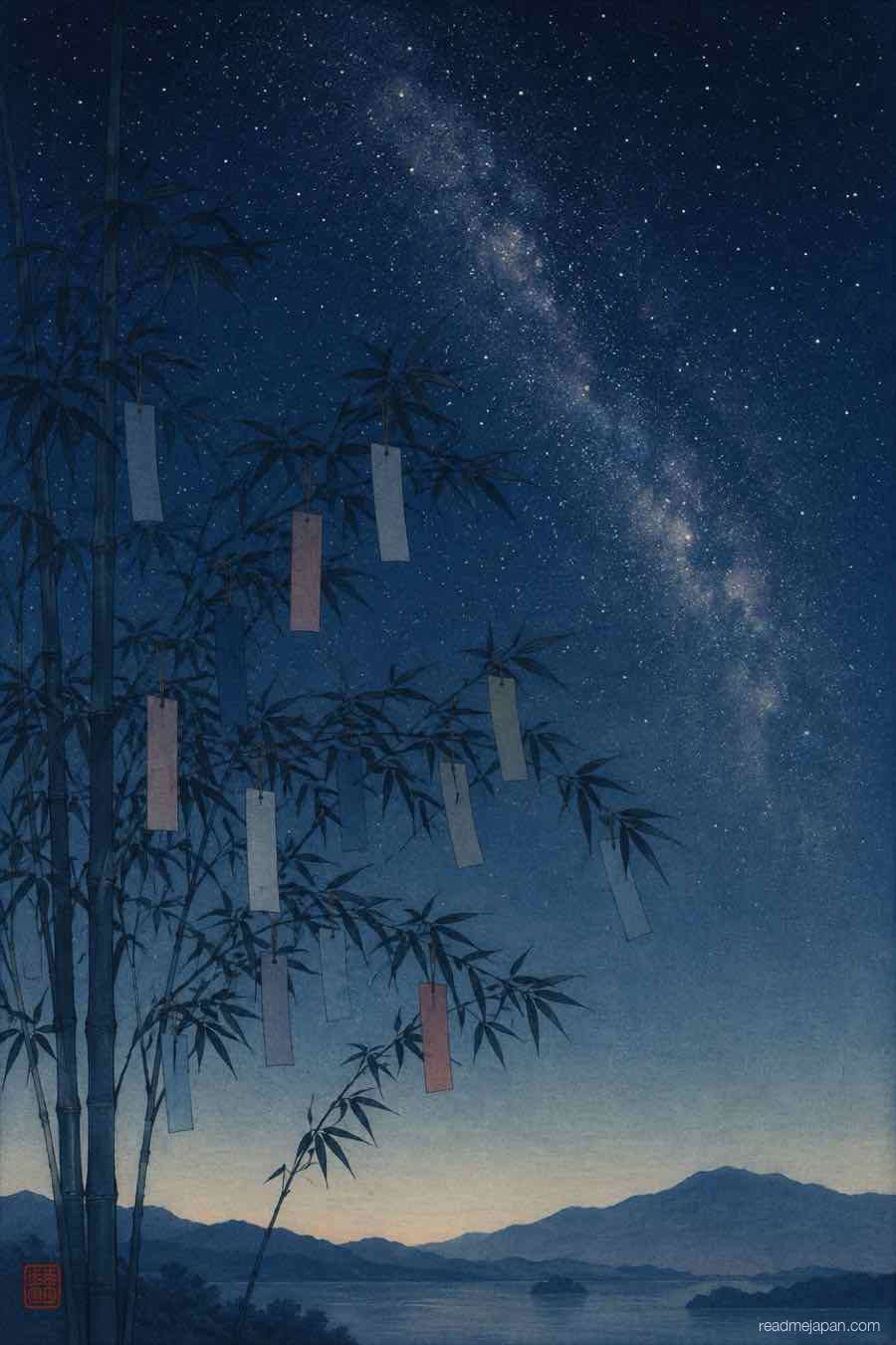 Bamboo with wish-strips under a starry night sky, woodblock print