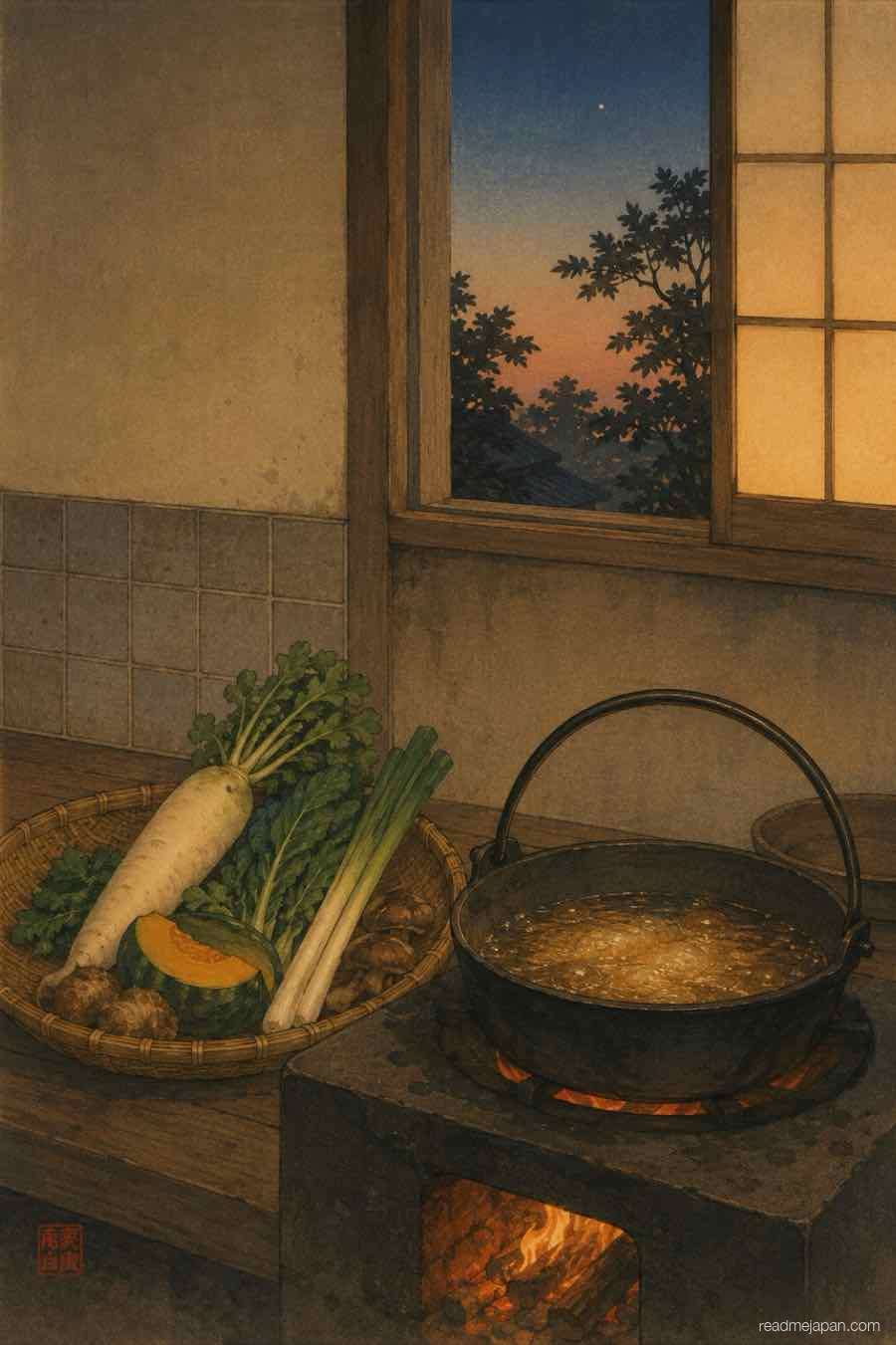 A pot of oil beside a basket of vegetables at dusk, woodblock print